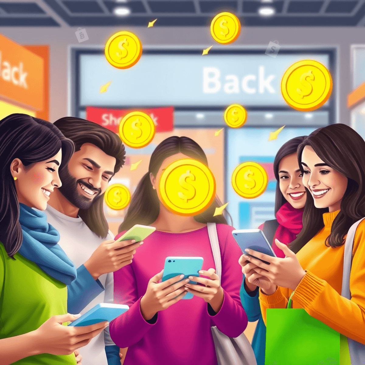 Menschen nutzen Smartphones, umgeben von leuchtenden Cashback-Symbolen, vor Geschäften und Einkaufssymbolen...