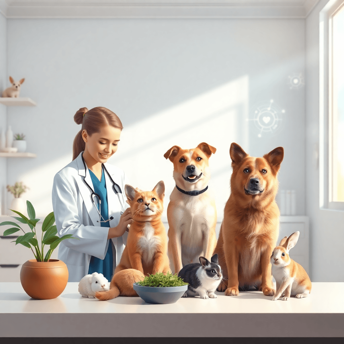 Eine einfühlsame Tierärztin kümmert sich in einer hellen Klinik um einen Hund, eine Katze und ein Kaninchen...