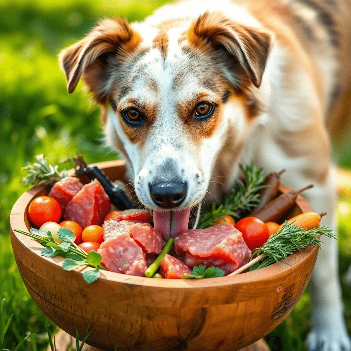 Ein glücklicher Hund frisst frisches, buntes Rohfutter aus einem Holznapf im Freien, umgeben von einer leuc...