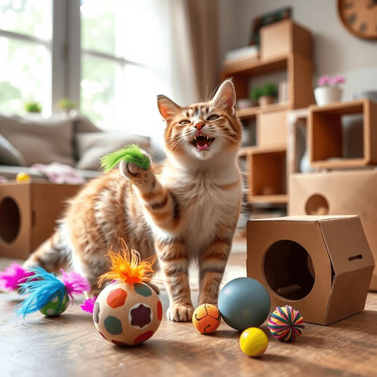 Eine glückliche Katze spielt mit bunten Feder-Spielzeugen und Bällen zwischen Pappkarton-Häuschen in einem ...
