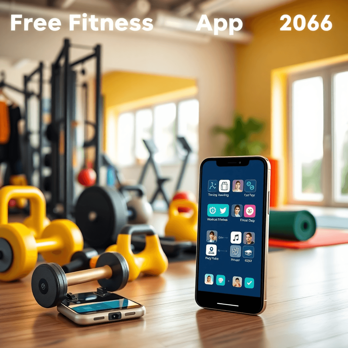 Heller Fitnessraum zu Hause mit Kurzhanteln, Kettlebells, Yogamatten und einem Tablet, das Fitness-App-Symb...
