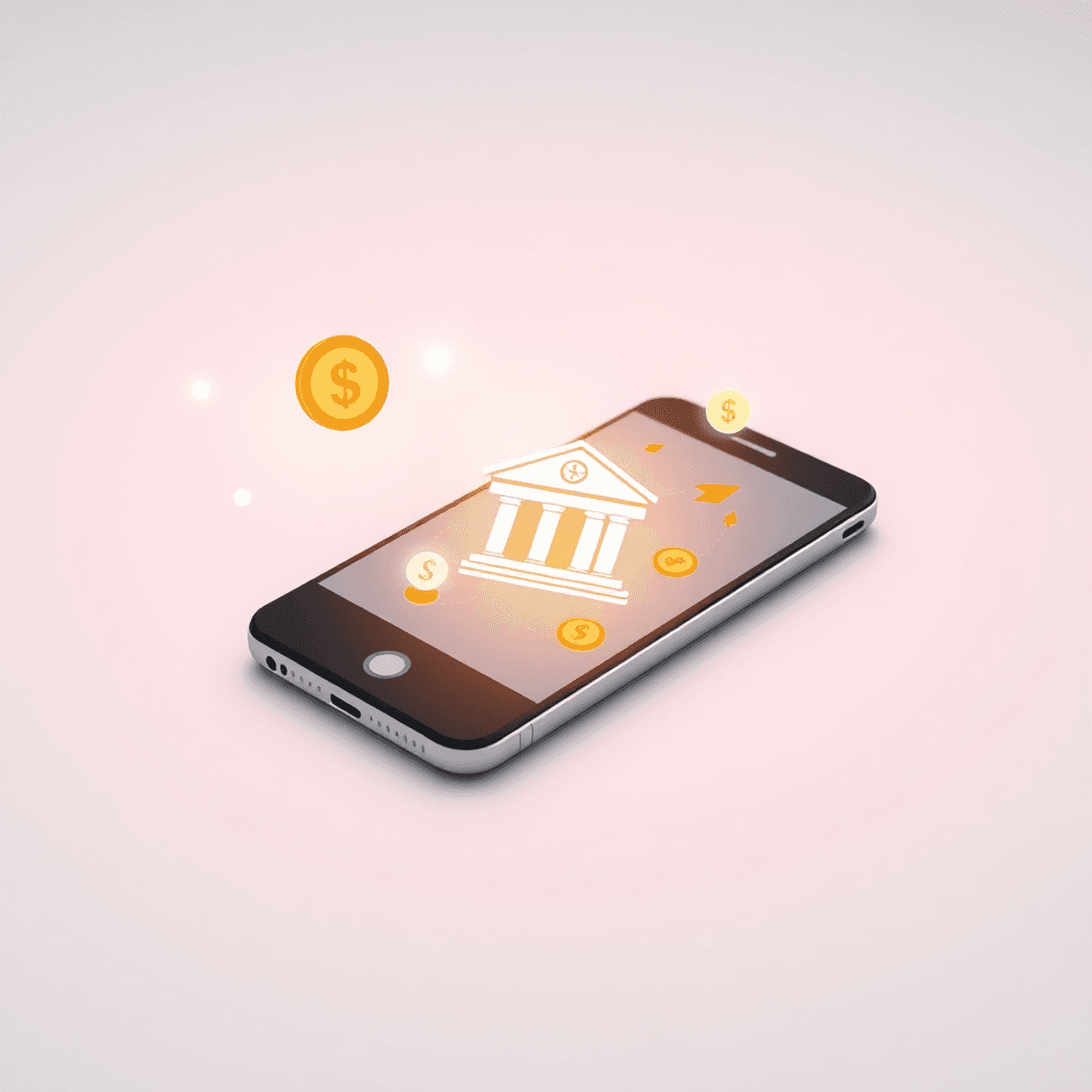 Smartphone zeigt abstrakte Finanzsymbole wie Münzen, Pfeile und ein Bankensymbol auf einem klaren Hintergru...