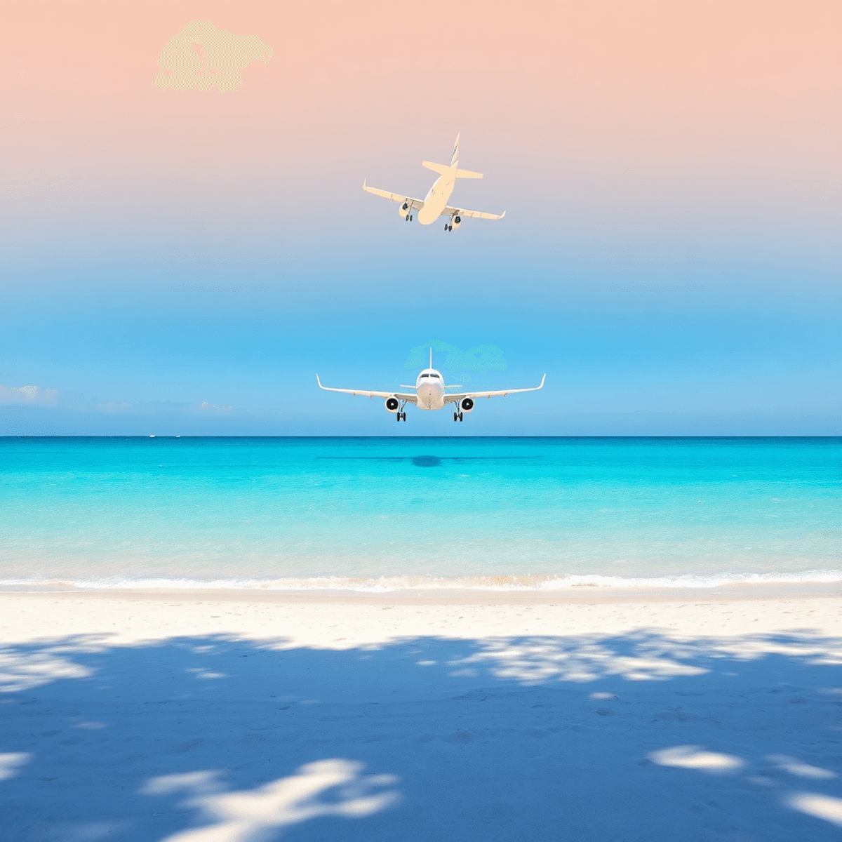 Sonniger Strand auf Mallorca mit türkisblauem Wasser, ein kleines Flugzeug zieht am Himmel vorbei und ein W...
