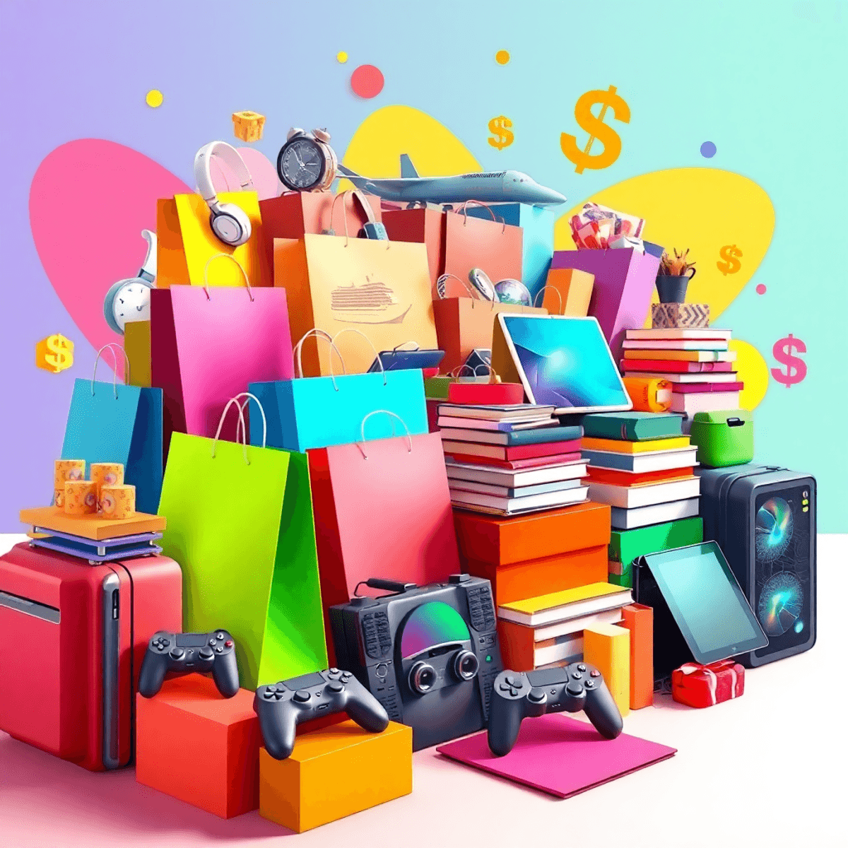 Bunte Einkaufstaschen, Technik-Gadgets, Reise-Symbole, Bücher, Küchenutensilien und Gaming-Zubehör auf eine...