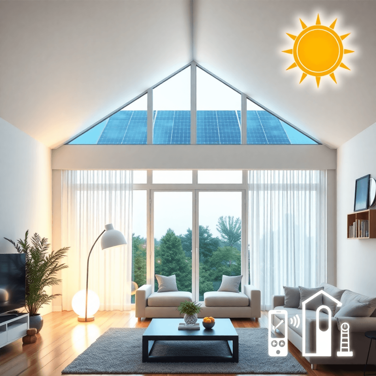 Helles, modernes Wohninterieur, beleuchtet von LED-Lichtern; Solarpaneele auf dem Dach, ein leuchtendes Son...