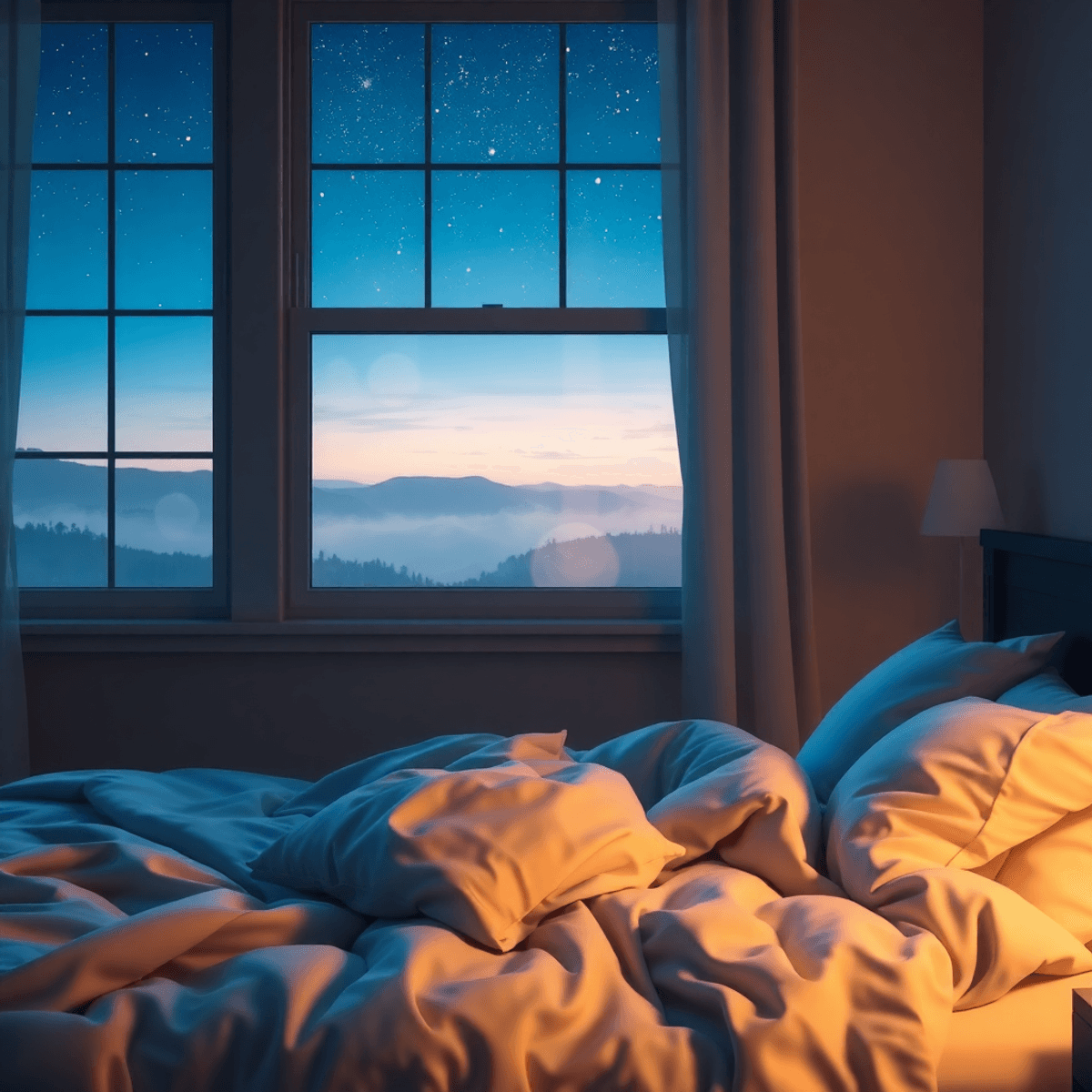Gemütliches Schlafzimmer bei Nacht mit warmem Licht, flauschigem Bett, sternenklarem Himmel draußen am Fens...