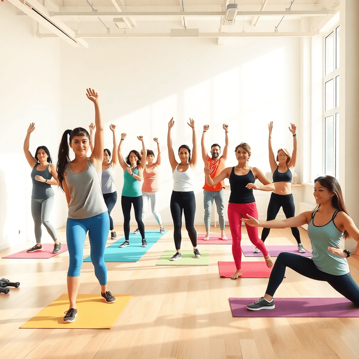 Eine Gruppe von Menschen macht anfängerfreundliche Fitnessübungen wie Dehnungen und Yoga in einem hellen, g...