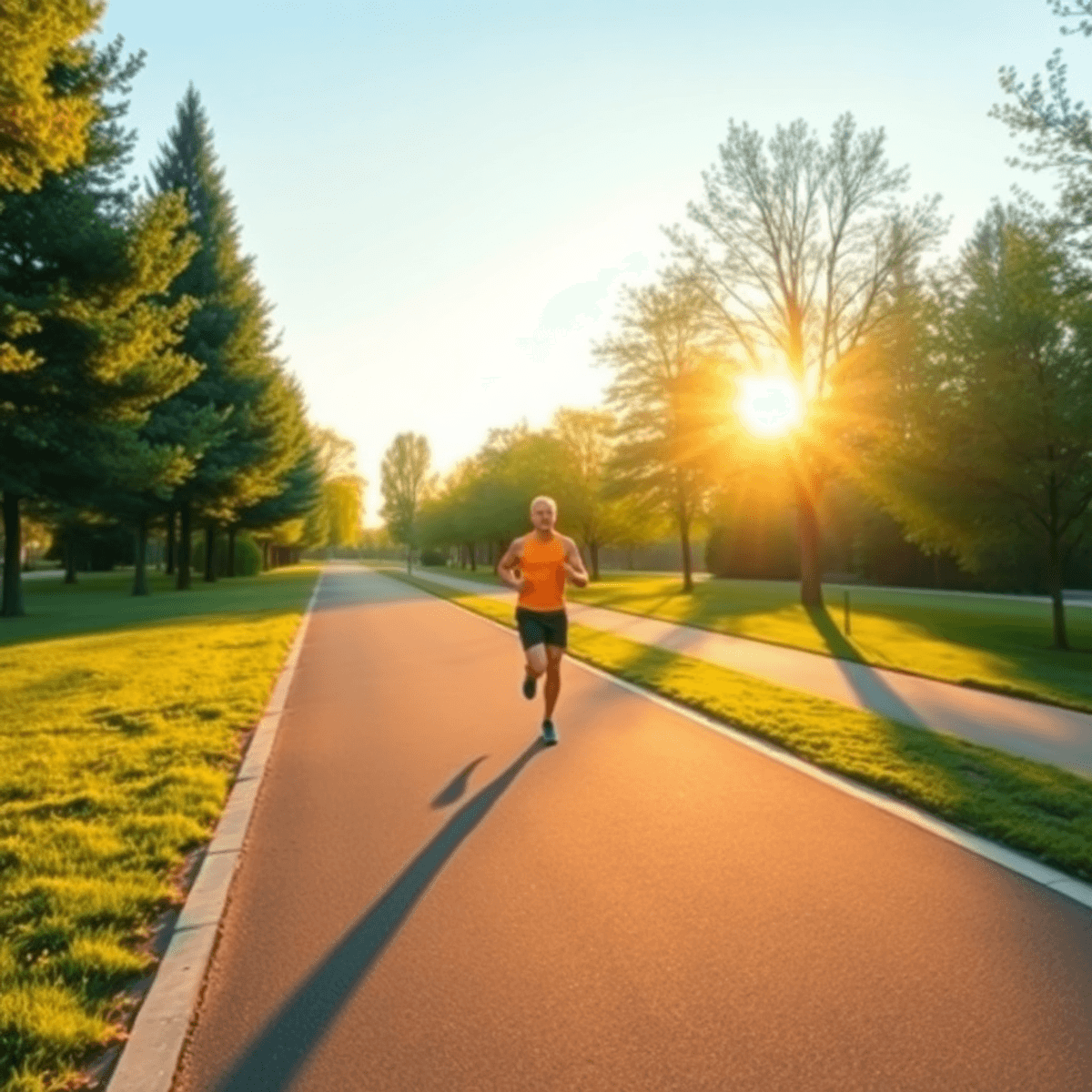 Ein Laufanfänger joggt auf einem ruhigen Parkweg, umgeben von viel Grün und sanftem Morgenlicht – ein Bild ...